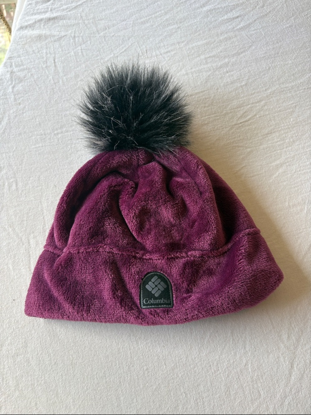 Columbia Plum Fleece Pom Beanie with Black Faux Fur Pom